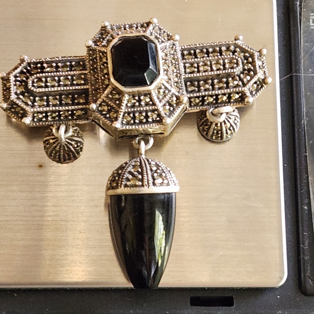 Judith Jack Art Deco Sterling Brooch With Possible Oxyx 29.6 Grams And Marcasite